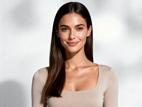 Portrait of a young brunette fashion model lady with long hair and a cute smile looking forward in a studio shows the beauty and happiness of one smiling person