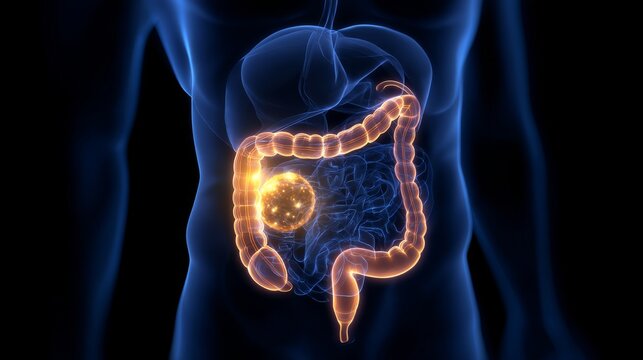 Medical visualization showing duodenum disease and its effect on the digestive system in a human body model