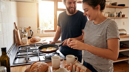 Obraz premium Happy young couple cooking breakfast together in kitchen. Man frying eggs while smiling woman helps. Morning routine. Romantic relationship preparing meal. Domestic life. Love. Home cooking.