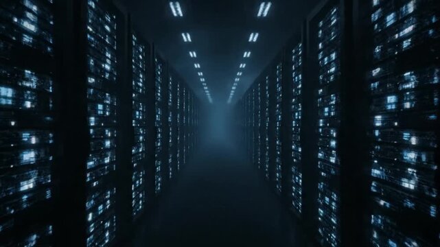 Flying through a futuristic server room with glowing blue data racks and atmospheric fog