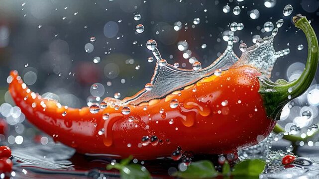 Close-up of a vibrant, glossy red chili pepper on a water surface, with surrounding water droplets and splashes Illumination from above or behind enhances the peppers shine Blurred b - AI-Generated