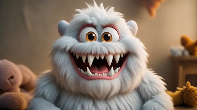 Cartoon yeti or abominable snowman sitting on a bed behind a group of teddy bears in children's bedroom