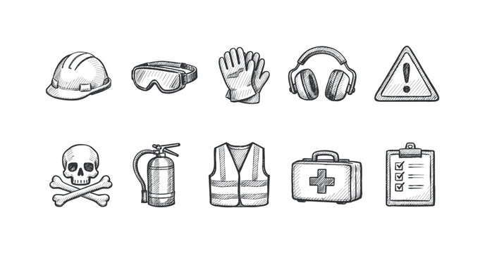 Safety and protective gear outline icon set. workplace hazard, equipment illustrations.