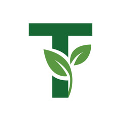 Green Leaf Letter T Logo, Eco Alphabet Vector, Nature Typography Design, Botanical Initial Icon, Flat Organic Font Illustration