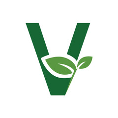 Green Leaf Letter V Logo, Eco Alphabet Vector, Nature Typography Design, Botanical Initial Icon, Flat Organic Font Illustration