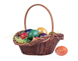 Easter basket with natural dyed eggs isolated png on transparent background
