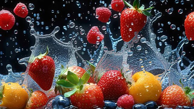 Striking, vibrant still life of strawberries and an orange in varying positions against a dark backdrop with hints of blue Dramatic lighting showcases textures and contours Realistic - AI-Generated