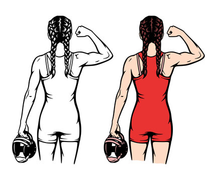 Strong Female Wrestler From Back, Holding Helmet, Flexing Arm Muscles, Sports Woman Empowerment Concept, Athletic Girl Silhouette Illustration For Apparel And Print Design