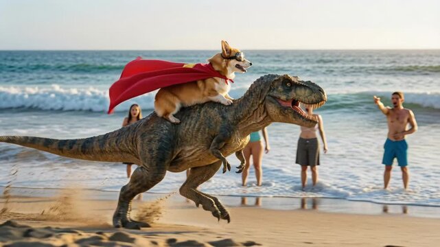 Corgi rides tyrannosaurus rex along sunlit beach with crashing waves and sandy foreground. Playful superhero cape and running motion convey speed while ample empty sky and shoreline provide copyspace 