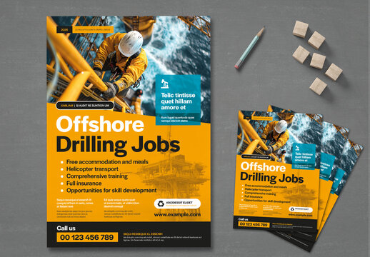 Professional Flyer in Orange and Black, Industrial, Construction Works, Drilling Jobs, Offshore Company