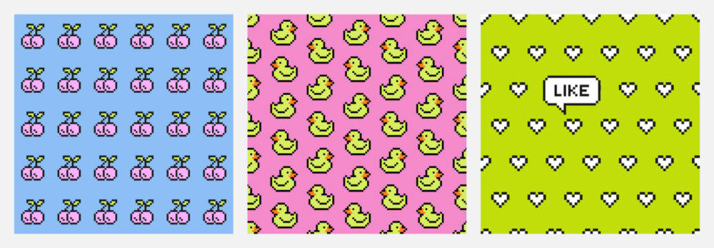 Y2K Pixel Seamless Patterns with Cherries, Ducks, Hearts. Neon Retro 8-Bit Kawaii Backgrounds in 90s Aesthetic for Social Media Marketing, Digital Design,Trendy Prints. Nostalgia modern kids nursery
