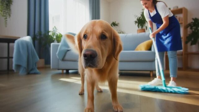 Dog watching person cleaning living room floor with mop