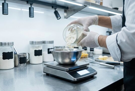 A chef in gloves carefully weighs flour on a digital scale in a professional kitchen for a precise recipe.