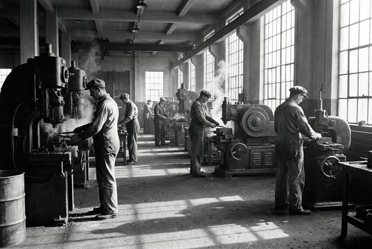 Vintage black and white photo of factory workers operating heavy machinery in an industrial workshop.