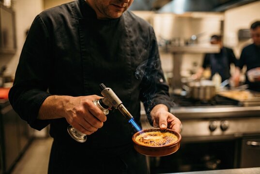 A chef uses a culinary torch to caramelize the sugar on top of a cr&egrave;me br&ucirc;l&eacute;e dessert.