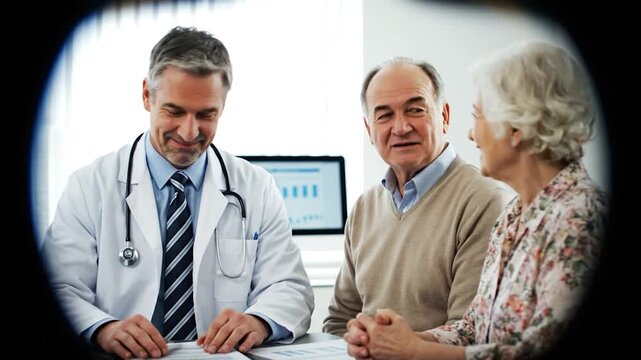 A smiling doctor in a hospital office is talking to a senior woman patient about her health and care plan