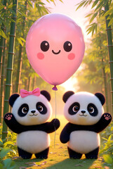 Obraz premium cute pandas having fun holding balloons in hands 