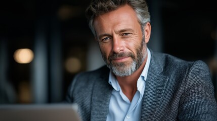 Naklejka premium Headshot of a handsome older man with salt and pepper beard smiling, looking professional and successful in business