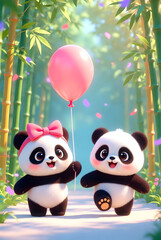Naklejka premium cute pandas having fun holding balloons in hands 