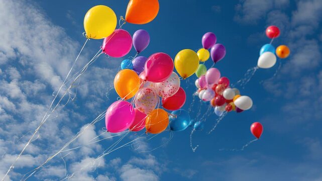 colorful balloons floating under blue sky, vibrant cluster of multicolored helium balloons rising past soft clouds with sun rays, celebratory ribbons and light,