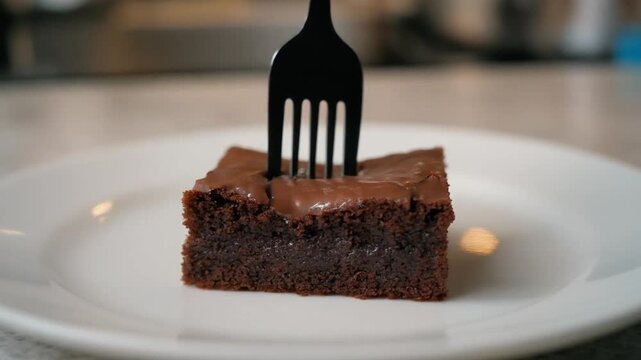 Chocolate cake on white plate with black fork in a restaurant