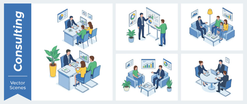 Isometric Business Consulting Vector Scenes Set. Professional Financial Advisor Meeting with Clients, Families, and Couples. Office Presentations, Data Analysis, and Corporate Strategy Sessions.