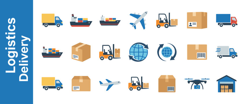 Professional logistics and delivery icon collection featuring cargo ships, freight trucks, airplanes, forklifts, cardboard boxes, global shipping globes, a drone, and a warehouse for supply chain.
