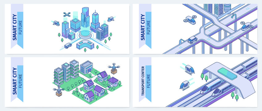Isometric banners of a futuristic smart city featuring advanced transport systems, delivery drones, high-speed trains, autonomous vehicles, and sustainable urban living infrastructure.
