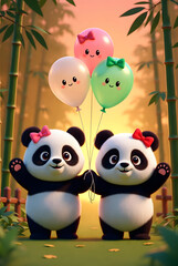 Obraz premium cute pandas having fun holding balloons in hands 