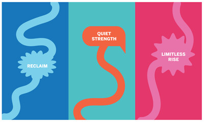Obraz premium Abstract triptych illustration representing the journey of self-empowerment through three stages: Reclaim, Quiet Strength, and Limitless Rise, featuring bold colors and winding paths.
