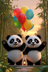 Obraz premium cute pandas having fun holding balloons in hands 