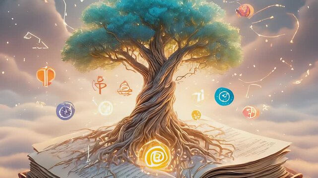 Tree of Knowledge Growing from Open Book: Symbol of Wisdom, Education, Growth, and Storytelling, Fantasy Illustration.