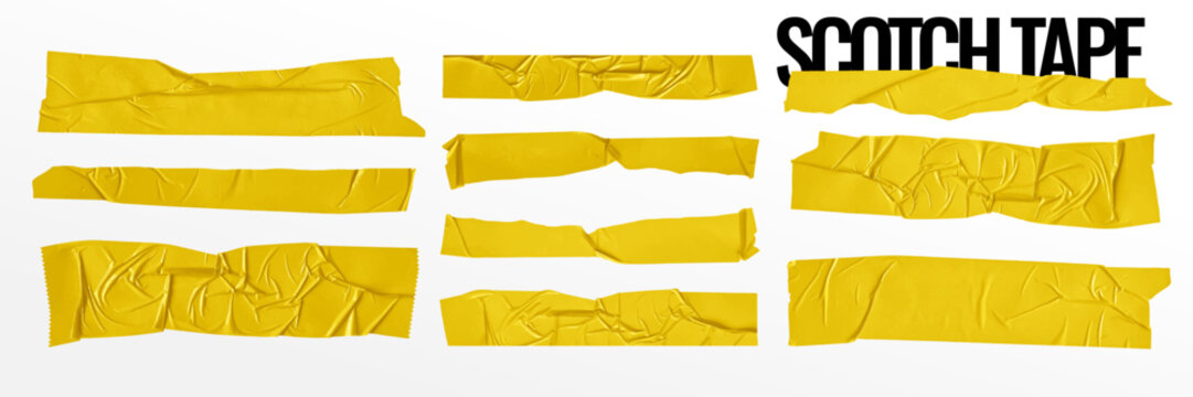 Yellow duct tape for photo collage. Adhesive sticky tapes. Bright scotch tape for the frame. Vector elements wrinkled or crumpled yellow adhesive vinyl. Collage, paper clip, stickers and torn paper.