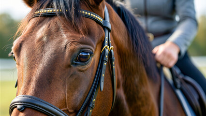 Obraz premium A majestic brown horse head portrait with rider in background showing elegance and partnership