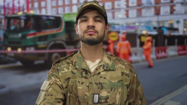 Man in camouflage uniform with dogtag points finger toward camera on construction site street near building barrier; duty.
