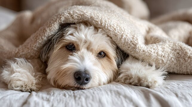Dog relaxing in bed, partially tucked under a soft warm blanket, conveying cozy comfort, companionship and peaceful domestic life in natural indoor light