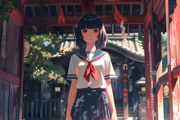 Emotional anime girl in school uniform standing at a traditional Japanese shrine with cinematic sunlight