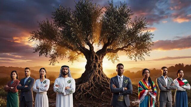 Diverse people with olive branches stand by ancient tree at dusk