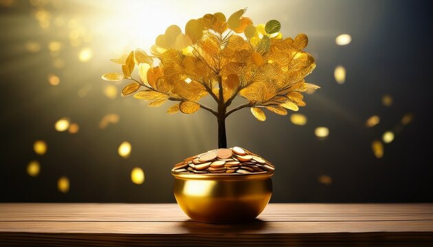 a beautiful tree with golden leaves growing from a pot of coins symbolizing prosperity and abundance in a serene light