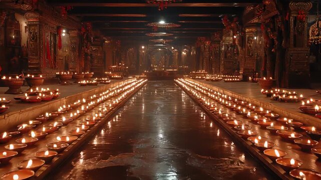 Rows of Lit Clay Diyas Illuminate a Dark Pathway, Creating a Festive and Spiritual Atmosphere.