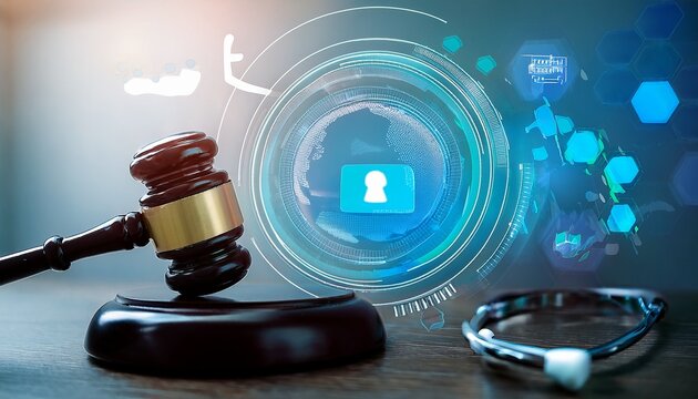 serious concept of healthcare data breach and confidentiality violation with judge gavel symbolizing legal consequence