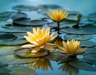 yellow water lilies blooming among green lily pads in a calm pond scene
