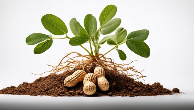 photograph of a peanut plant with its roots and pods emerging from the soil isolated on a clean white background
