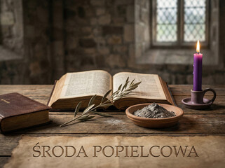 Drewniany, surowy stół, na którym leży otwarta Biblia, sucha gałązka oliwna, świeca i popiół w drewnianej misce. Środa popielcowa © Monika