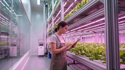 Obraz premium Young woman working in modern vertical farm with hydroponic lettuce under pink LED grow lights, using tablet for plant inspection, sustainable smart agriculture technology innovation concept