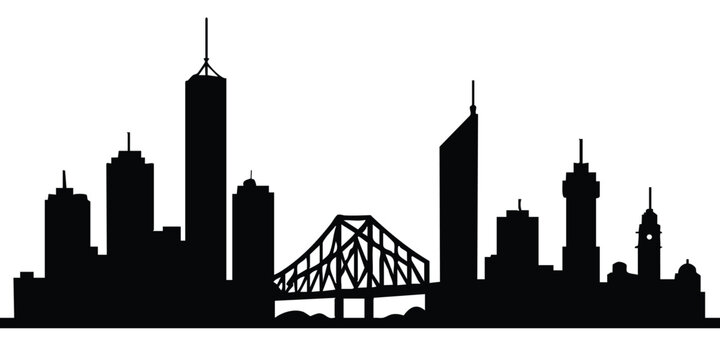 Brisbane Skyline Silhouette &ndash; Story Bridge and City Buildings in Black Vector Style. Ideal for travel materials, branding, posters, presentations, and Australia‑themed graphic projects.