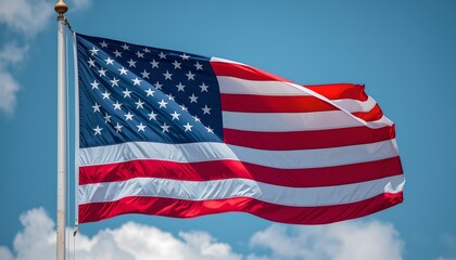 Large American flag waving in the wind against a clear blue sky with white clouds.