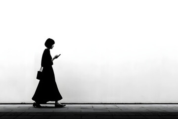 Silhouette of a young Japanese woman walking and using a smartphone against a white background