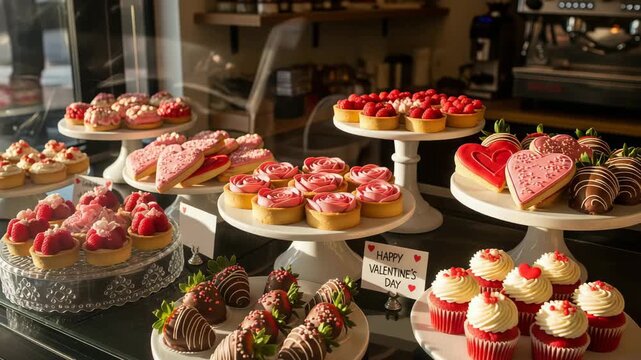 Delicious valentine desserts on display in a sunlit bakery for a festive store concept