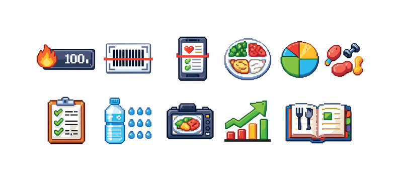 Game, food, fitness pixel icon set. nutrition and exercise pixel icons collection